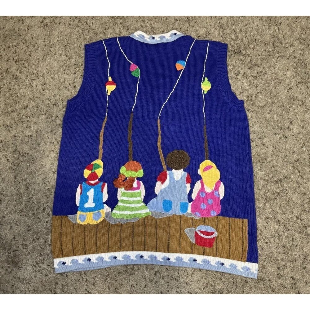 VTG 90s BEREK Knit Sweater Vest Fishermen Fish 3D Novelty Teacher Super Cute M - Picture 3 of 11